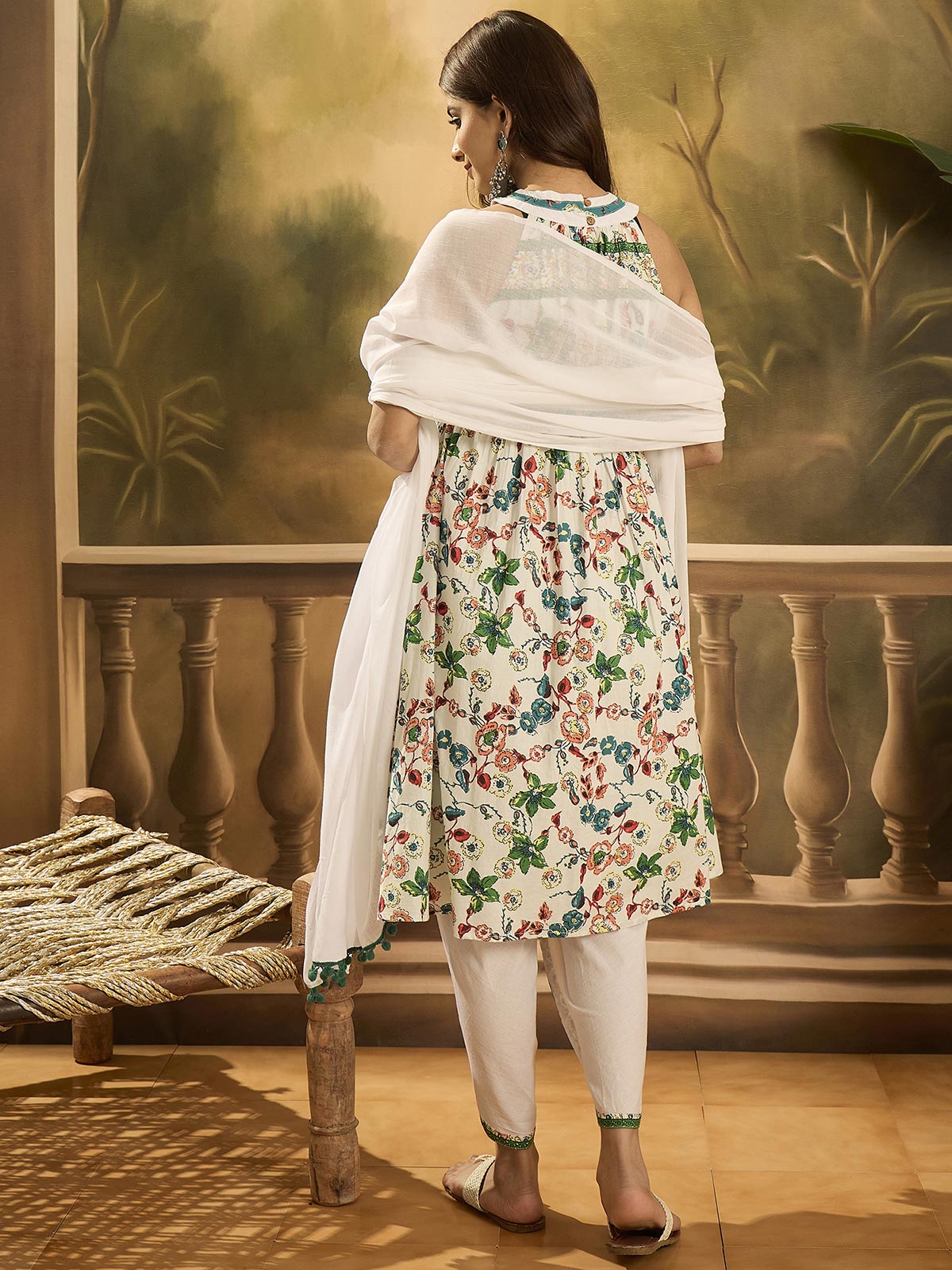 Women Floral Printed Cotton Kurta with Dhoti Pant & Dupatta