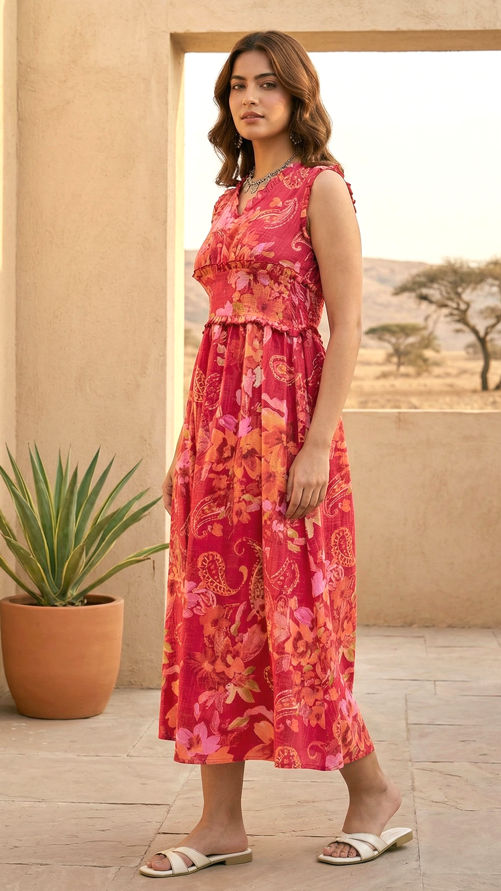 Red Floral Midi Dress for Women with Smocked Waist | Daylist