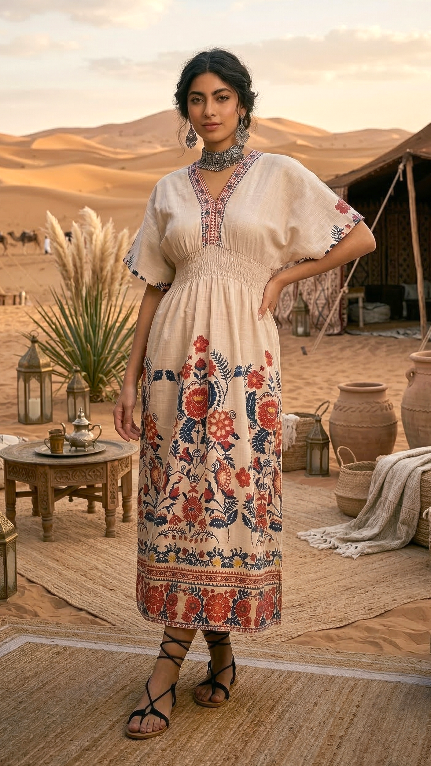 Beige Floral Boho Maxi Dress for Women | Ethnic Printed Summer Dress | Daylist