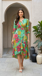 Daylist Emerald Meadow Floral Wrap Dress – High-Low Ruffle Hem Midi with Elasticated Puff Sleeves