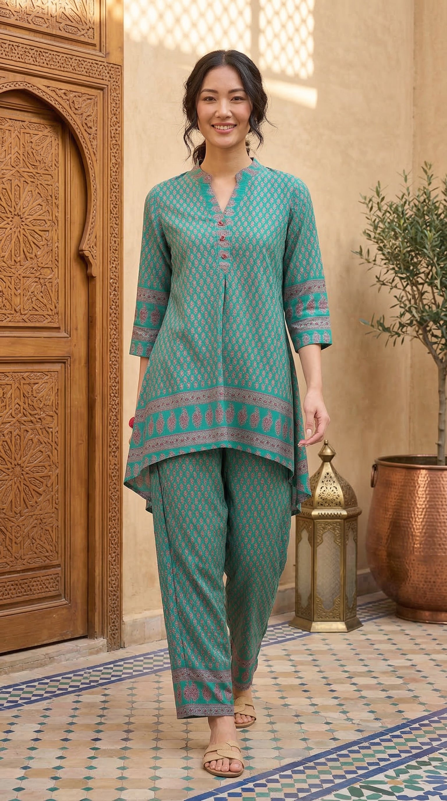 Daylist Sea Green High-Low Tunic with Straight-Fit Pants – 2-Piece Ethnic Co-ord Set