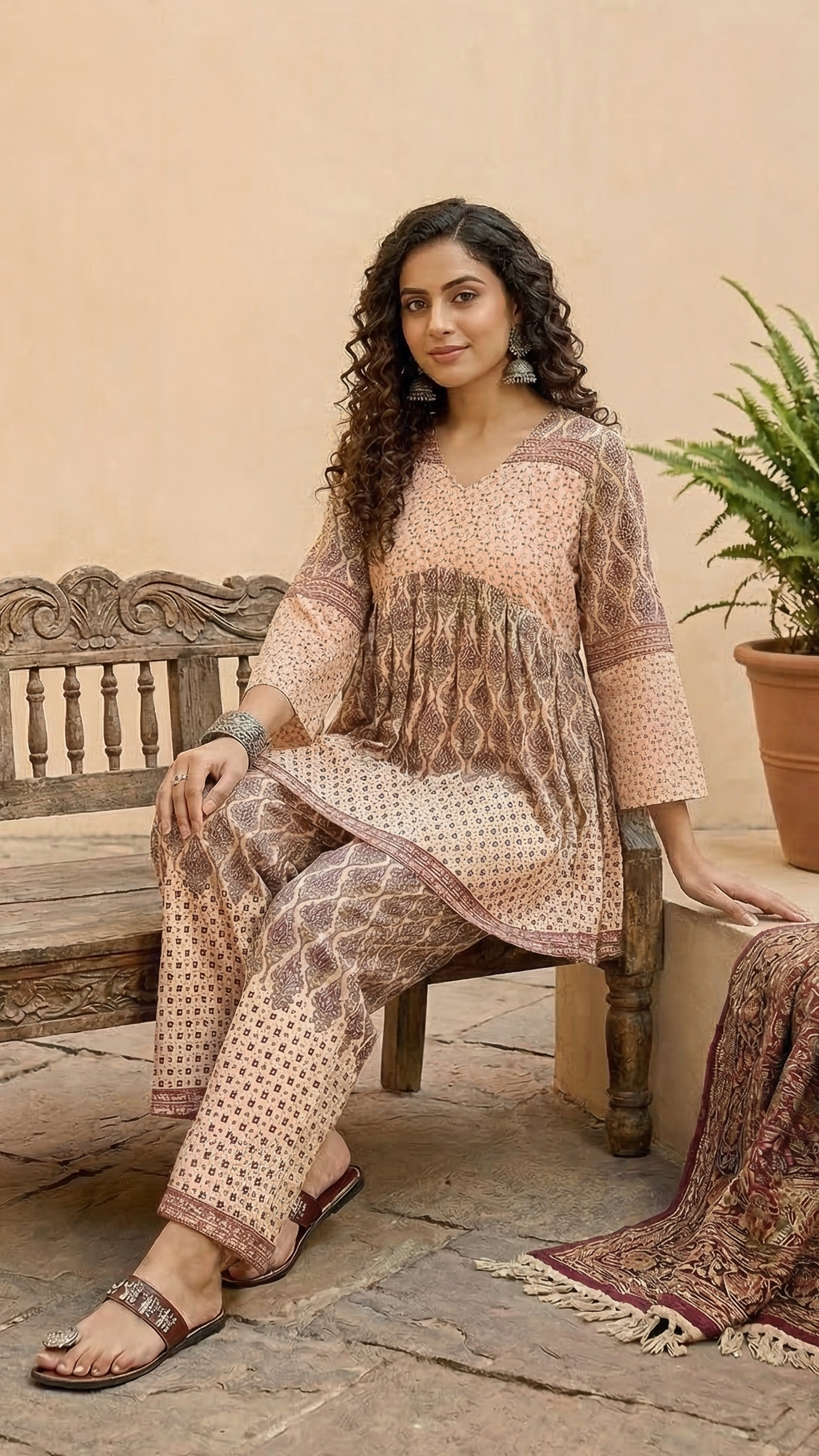 Daylist Earthy Geometric Print Peplum Kurti & Straight Pant Co-ord Set – 2-Piece Ethnic Fusion Outfit