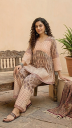 Daylist Earthy Geometric Print Peplum Kurti & Straight Pant Co-ord Set – 2-Piece Ethnic Fusion Outfit