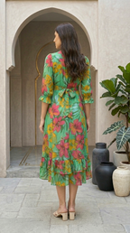 Daylist Emerald Meadow Floral Wrap Dress – High-Low Ruffle Hem Midi with Elasticated Puff Sleeves