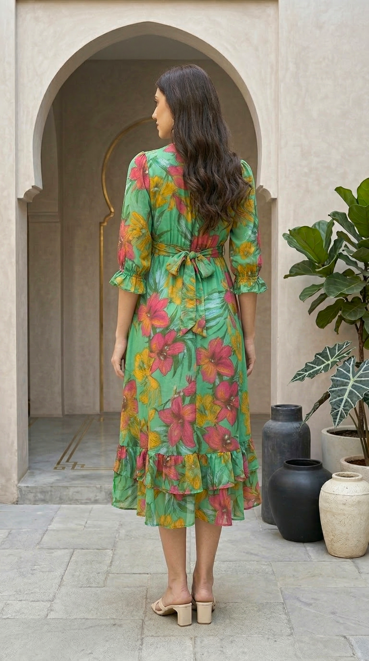 Daylist Emerald Meadow Floral Wrap Dress – High-Low Ruffle Hem Midi with Elasticated Puff Sleeves