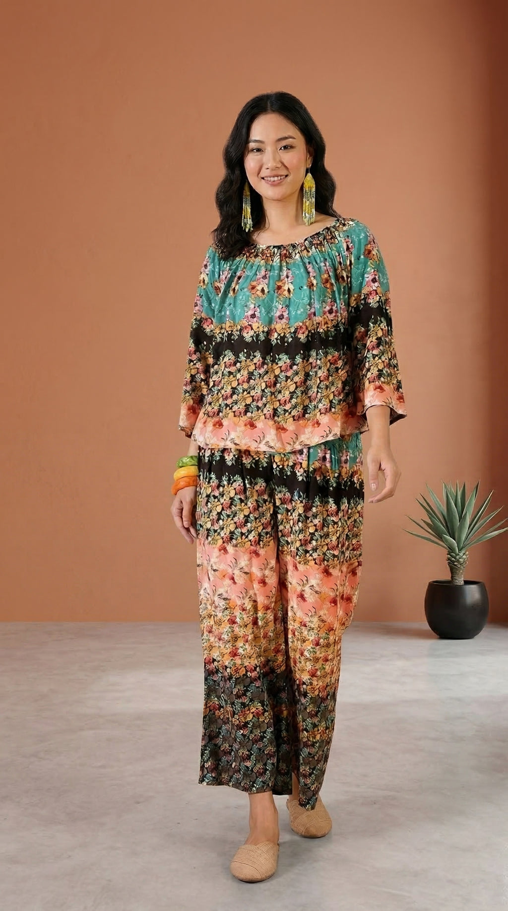 Daylist Botanical Horizon Co-ord Set – Relaxed Off-Shoulder Blouse & Wide-Leg Trouser Ensemble