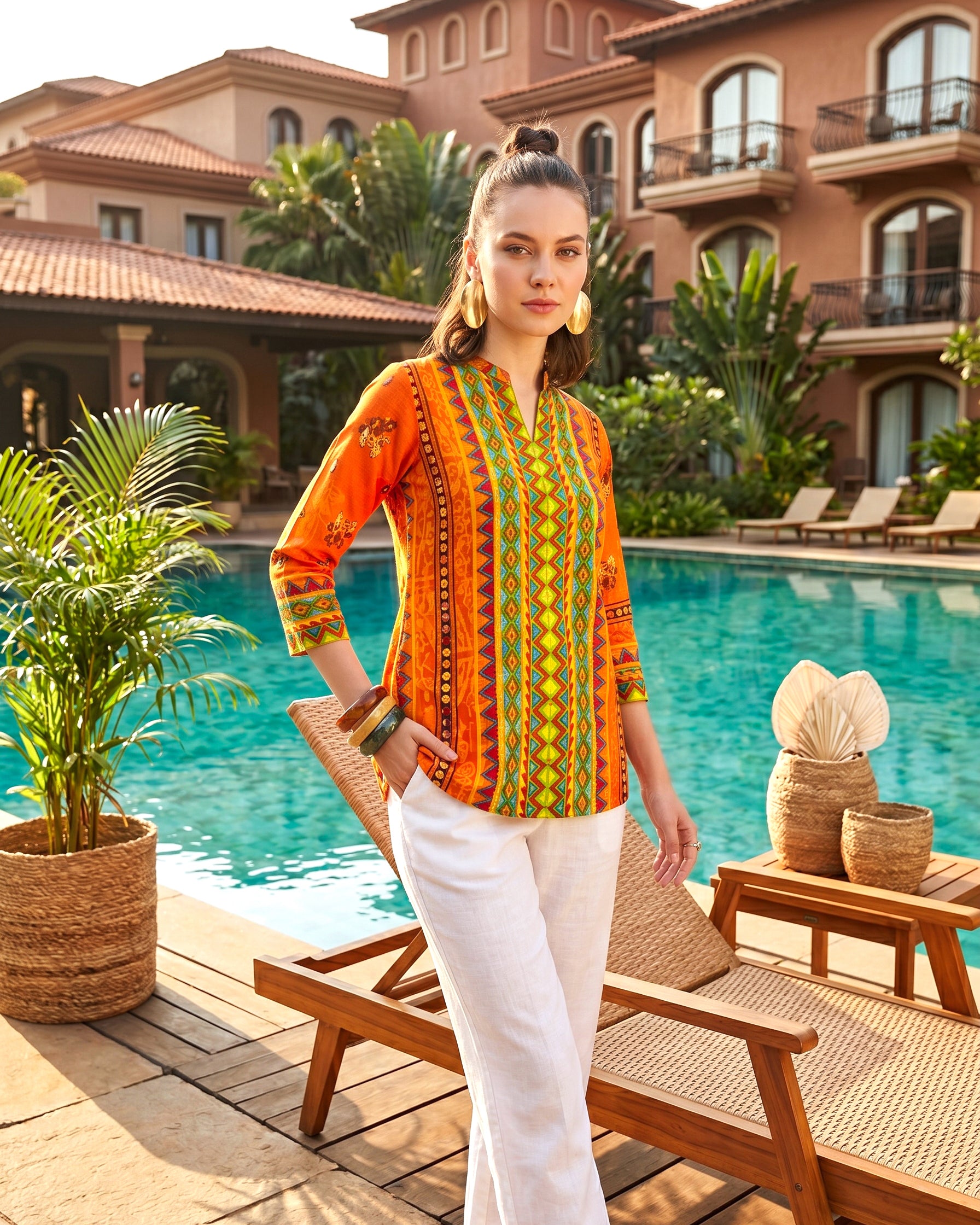 Mandarin Collar Ikat-Inspired Geometric Tunic in Sunset Orange