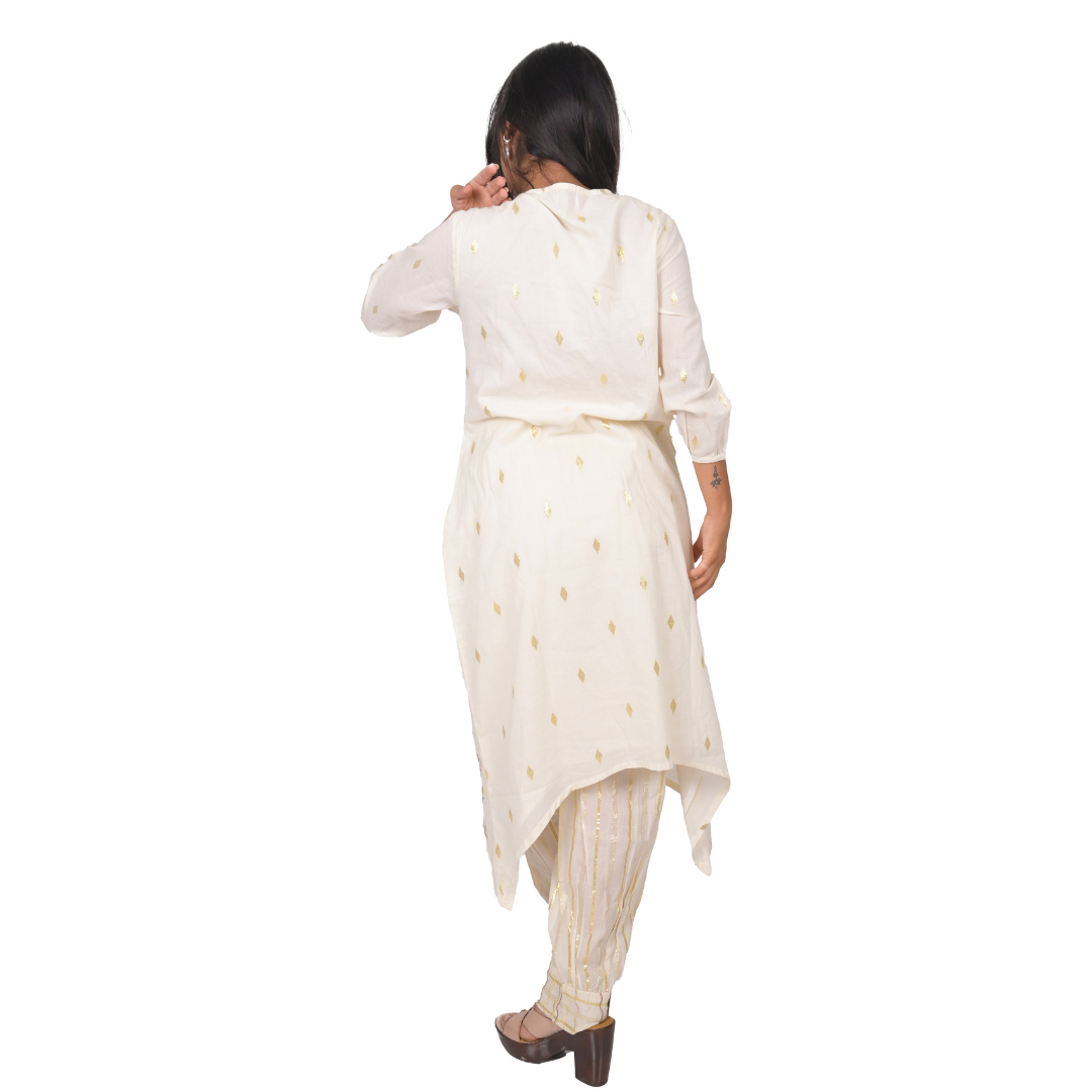 Lurex Cotton Kurta Pant Set, White, 100% Cotton