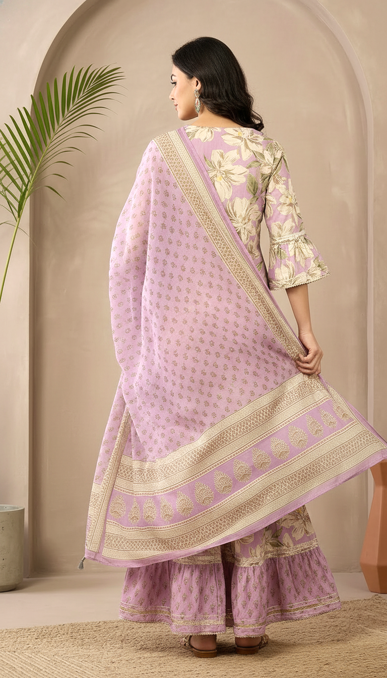 Daylist.in Lavender Floral Tiered Sharara Set with Bell Sleeves – 3 Piece Embroidered Ethnic Suit