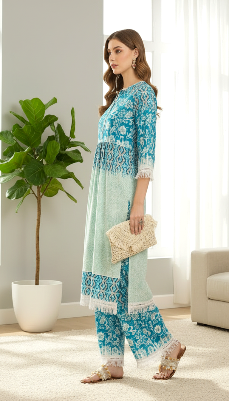 Teal Blue Printed Kurta Pant Set with Lace Detailing for Women