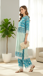 Teal Blue Printed Kurta Pant Set with Lace Detailing for Women