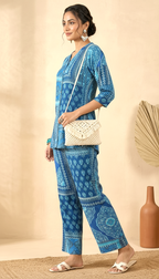Teal Blue Mosaic Printed Button-Down Kurta Set | Daylist.in