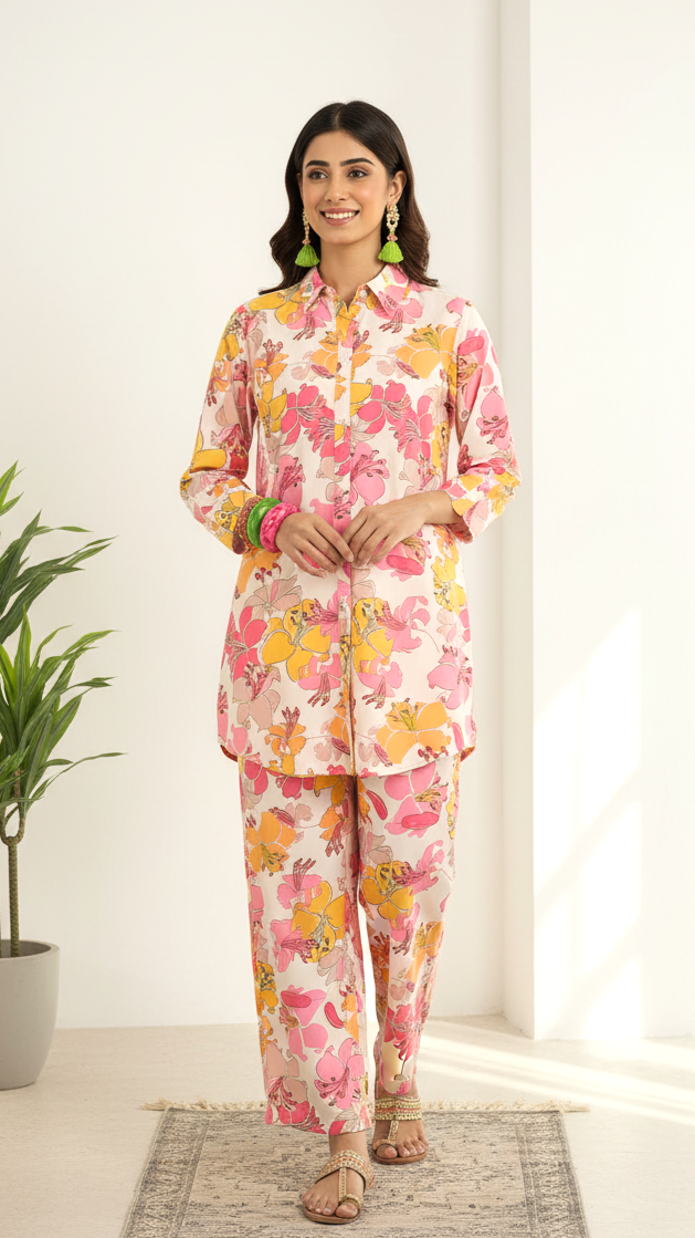 Daylist Bloom Fusion Co-ord Set – Pink & Yellow Floral Print Shirt with Straight Trousers