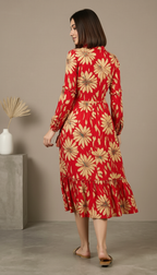Crimson Red Sunflower Print Tiered Shirt Dress | Daylist.in
