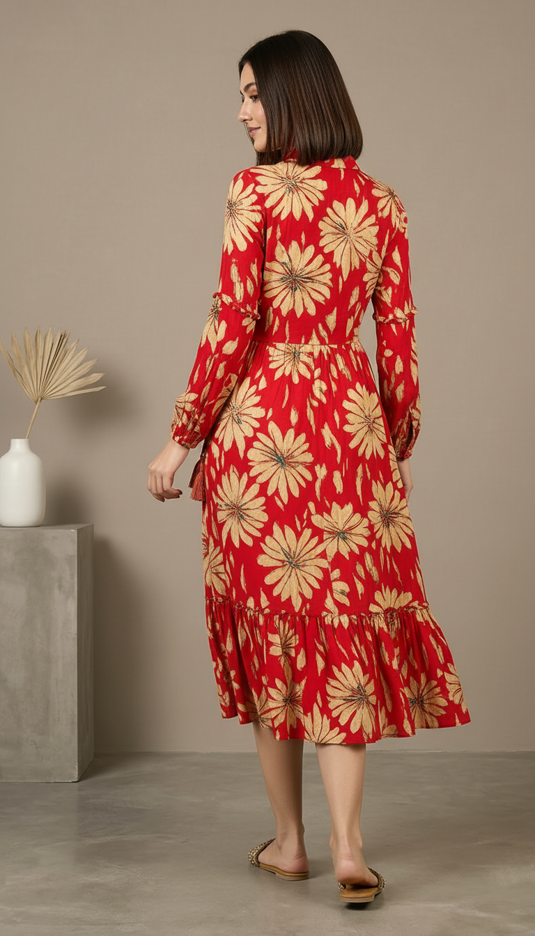 Crimson Red Sunflower Print Tiered Shirt Dress | Daylist.in