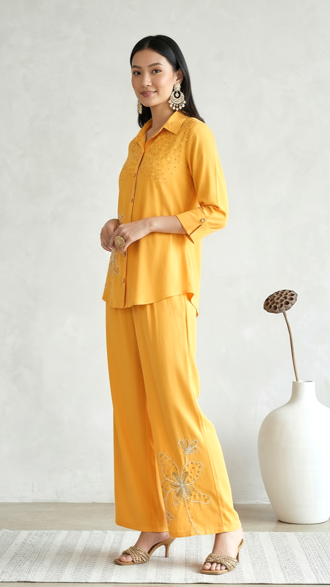 Mustard Yellow Embroidered Co-Ord Set for Women | Shirt Style Kurti & Palazzo Set | Daylist