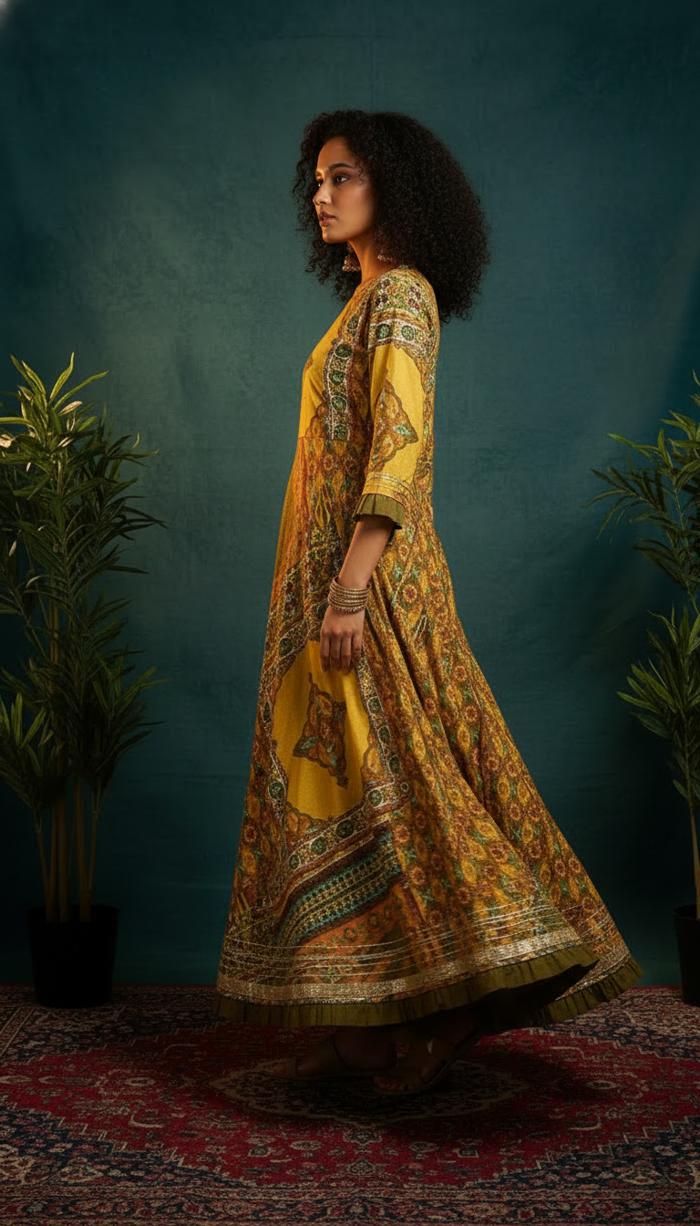 Mustard Yellow Printed Anarkali Dress for Women | Ethnic Flared Maxi Dress | Daylist