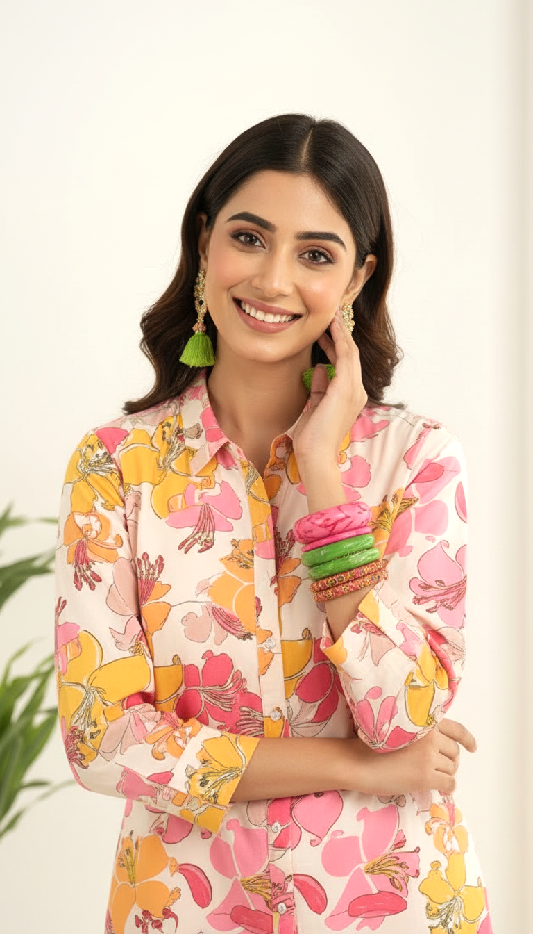 Daylist Bloom Fusion Co-ord Set – Pink & Yellow Floral Print Shirt with Straight Trousers
