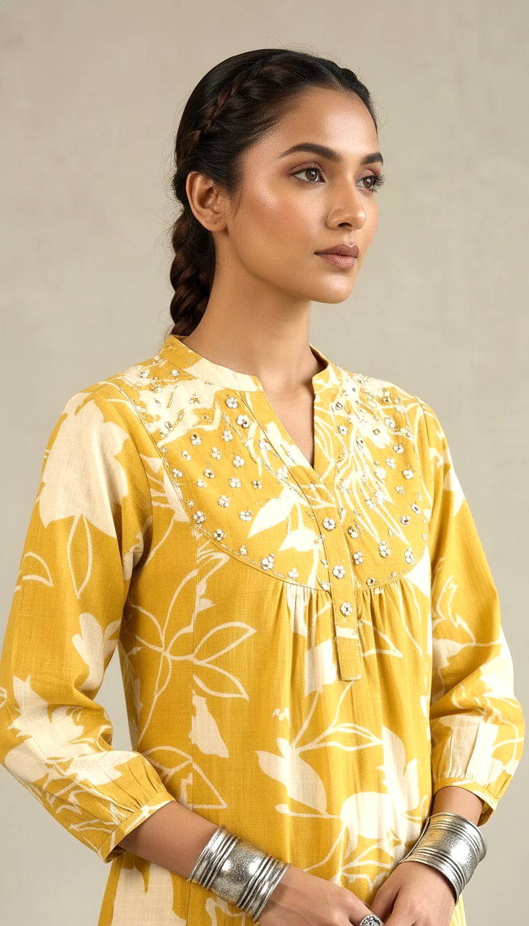 Mustard Yellow Floral Printed Kurta Set with Gathered Yoke & Tapered Pants