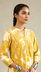 Mustard Yellow Floral Printed Kurta Set with Gathered Yoke & Tapered Pants