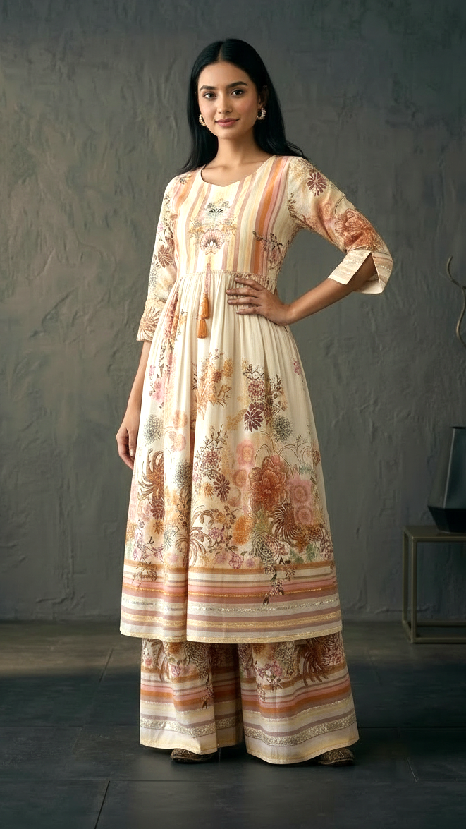 Cream Floral Printed Kurti Palazzo Set for Women | Elegant Ethnic Co-Ord Set | Daylist