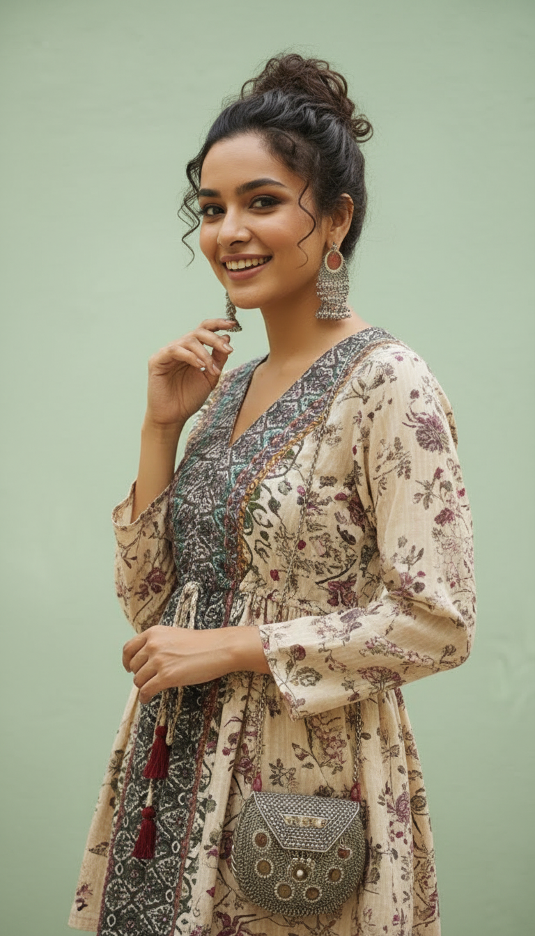 Beige Printed Ethnic Co-Ord Set for Women | V-Neck Kurti with Printed Pants