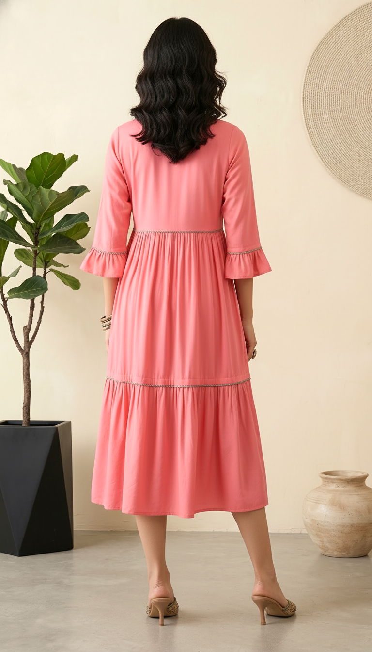 Coral Pink Embroidered Tiered Midi Dress for Women