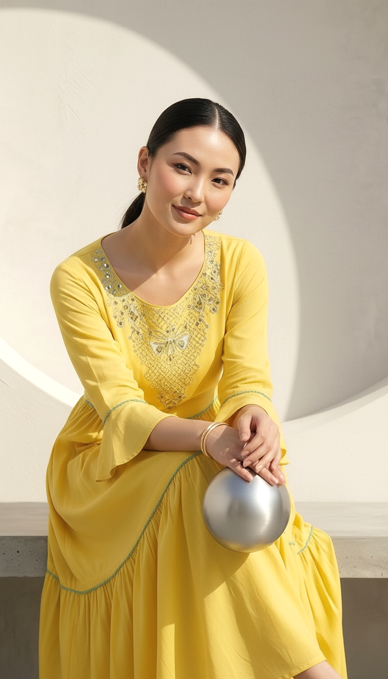 Daylist Yellow Embroidered Tiered Midi Dress – Elegant Festive & Summer Wear