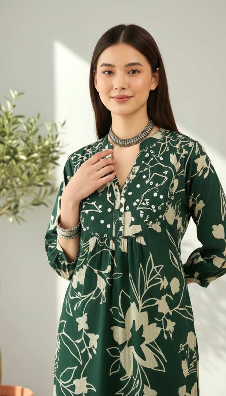 Emerald Green Floral Printed Kurta Set for Women
