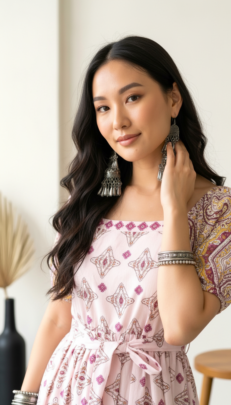 Blush Pink Printed A-Line Midi Dress with Ethnic Motifs for Women