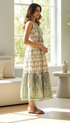 Daylist Cream Printed Sleeveless Maxi Dress with Ethnic Motifs