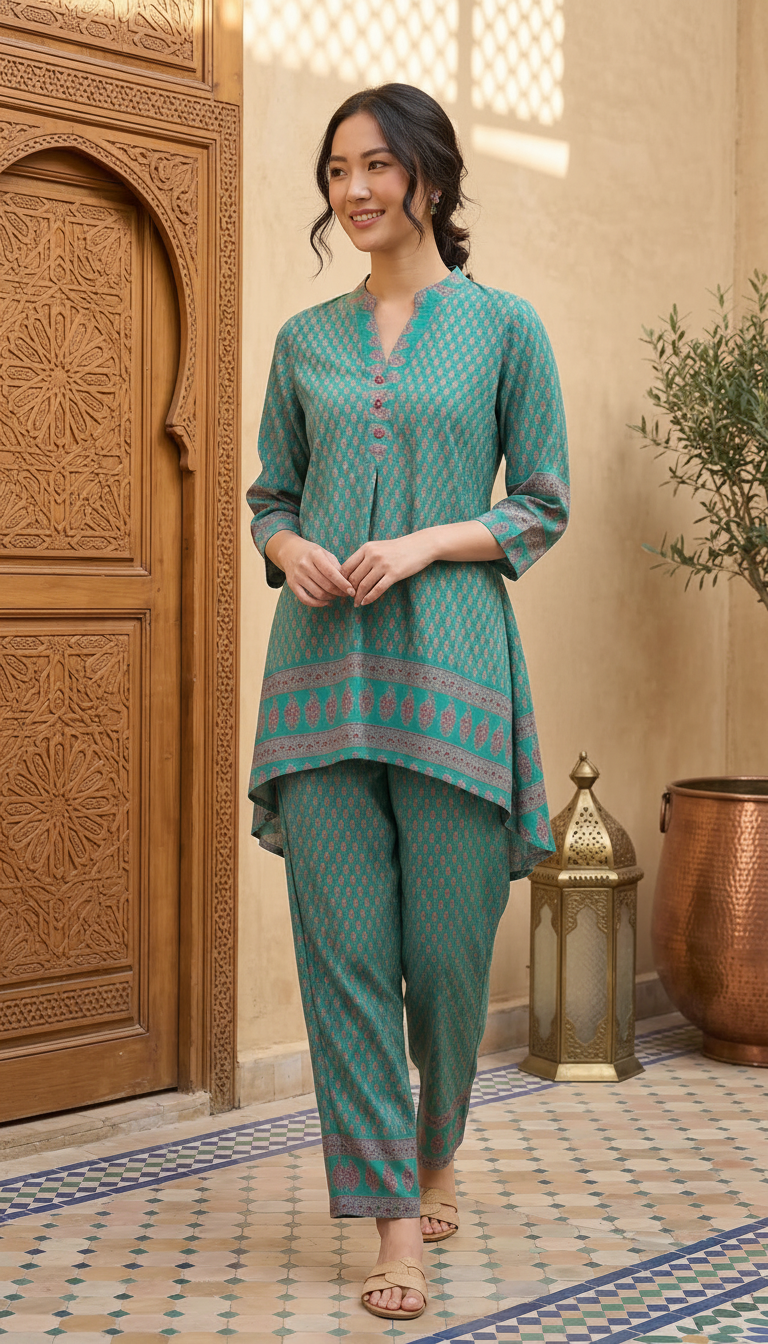Daylist Sea Green High-Low Tunic with Straight-Fit Pants – 2-Piece Ethnic Co-ord Set
