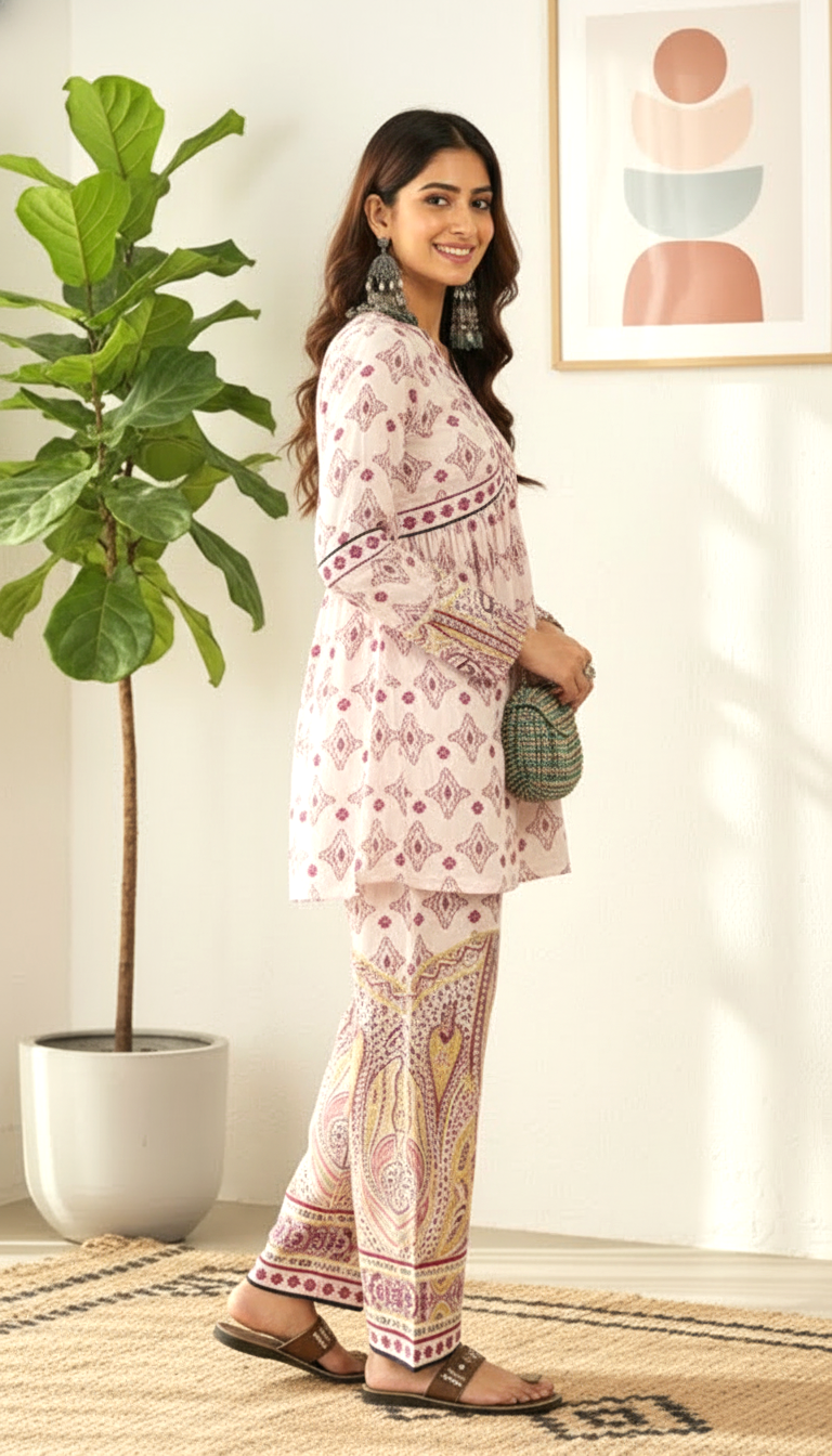 Daylist Mauve Muse Peplum Co-ord Set – Geometric Print Tunic with Paisley Motif Trousers