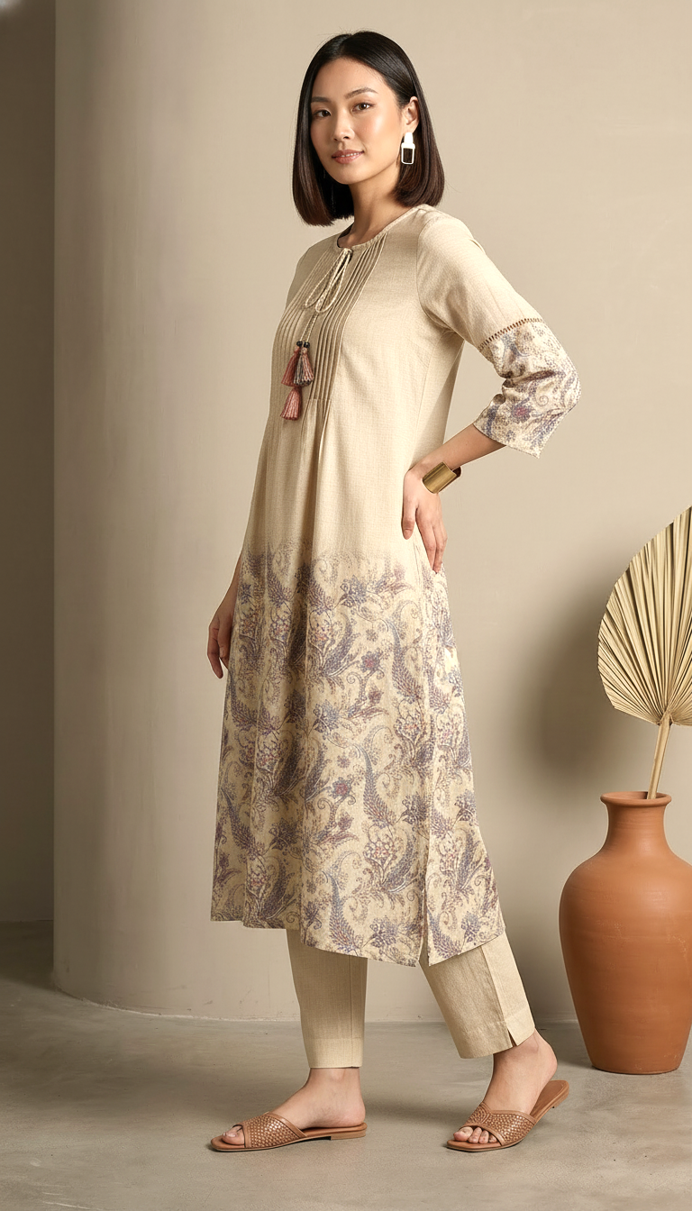 Beige Printed A-Line Kurta Set with Tassel Detail for Women