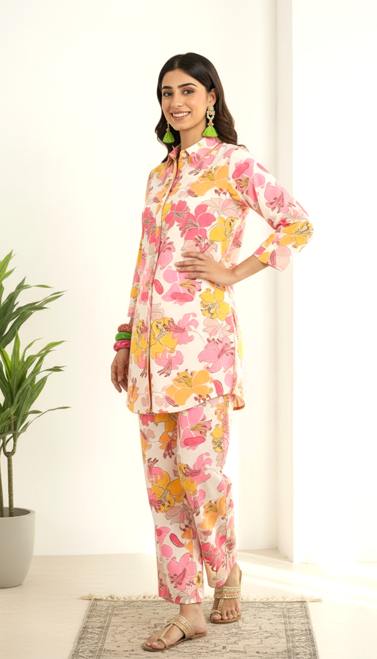 Daylist Bloom Fusion Co-ord Set – Pink & Yellow Floral Print Shirt with Straight Trousers