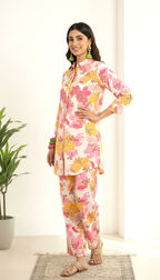 Daylist Bloom Fusion Co-ord Set – Pink & Yellow Floral Print Shirt with Straight Trousers