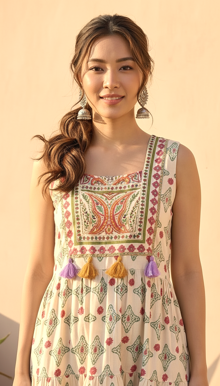 Sun-Drenched Paisley Sleeveless Tiered Midi Dress | Daylist.in