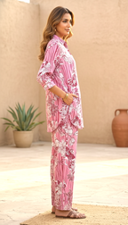 Mauve Striped Floral Shirt and Wide-Leg Trouser Co-ord Set | Daylist.in