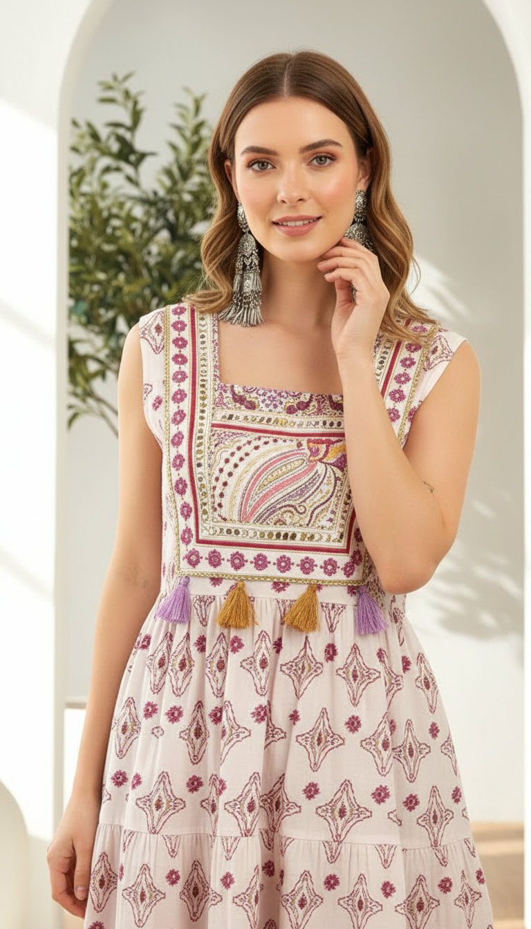 Sleeveless Cotton Mulmul Tiered Paisley Midi Dress
