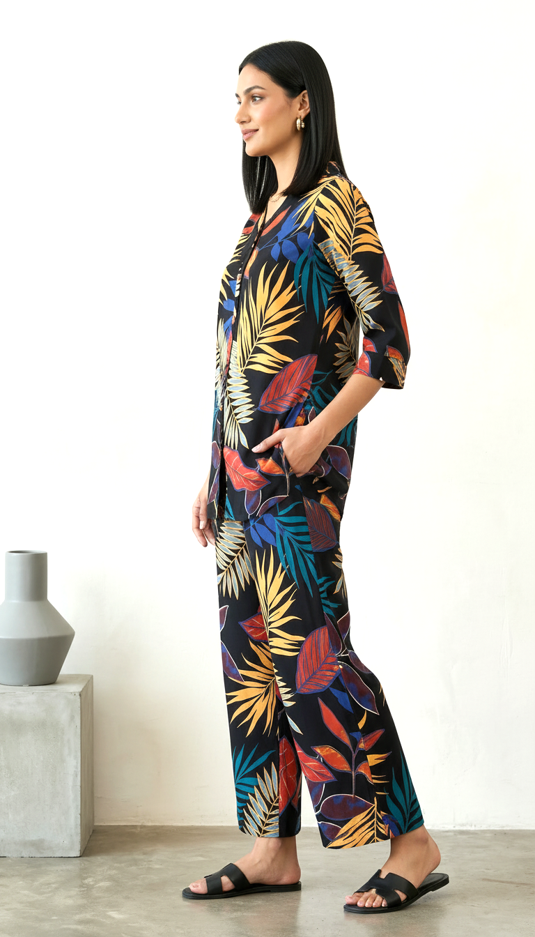 Midnight Tropical Leaf Print Co-ord Set | Daylist.in