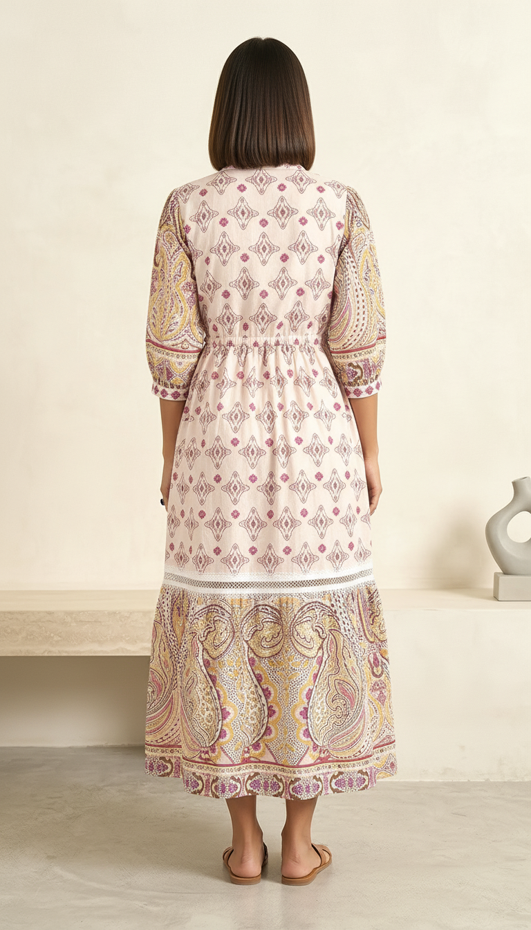 Boho Paisley Printed Midi Dress with Tassel Tie-Up | Women’s Ethnic Day Dress