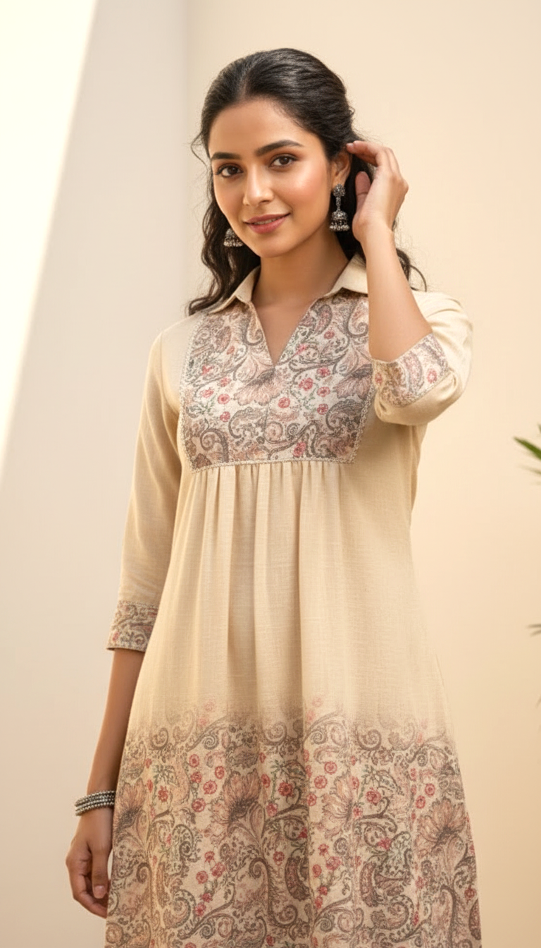 Beige Floral Print Kurta Set with Embroidered Yoke