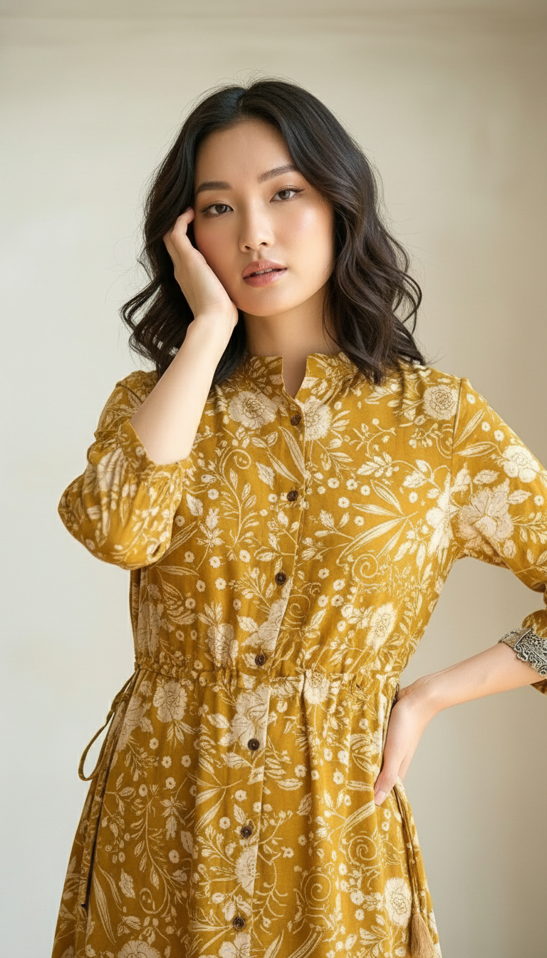 Mustard Yellow Floral Printed Tiered Midi Dress | Daylist.in