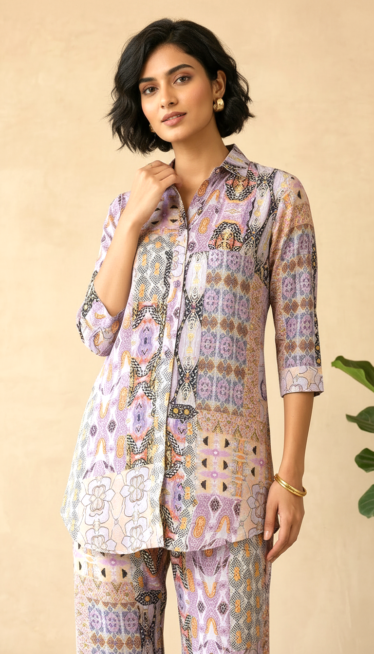 Lavender Mosaic Patchwork Printed Co-ord Set | Daylist.in
