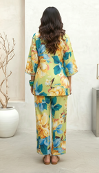 Daylist Lime & Azure Floral Print Co-Ord Set – 2 Piece Summer Tunic & Straight Pant Ensemble