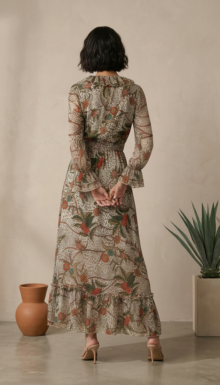 Beige Floral Print Maxi Dress for Women | Ruffle Detail Dress | Daylist India