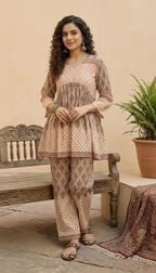 Daylist Earthy Geometric Print Peplum Kurti & Straight Pant Co-ord Set – 2-Piece Ethnic Fusion Outfit