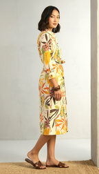 Botanical Print Cotton-Linen Shirt Dress | Belted Midi | Daylist.in