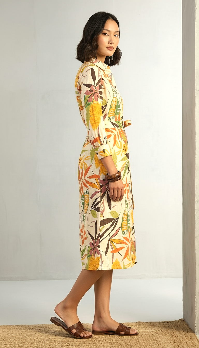 Botanical Print Cotton-Linen Shirt Dress | Belted Midi | Daylist.in