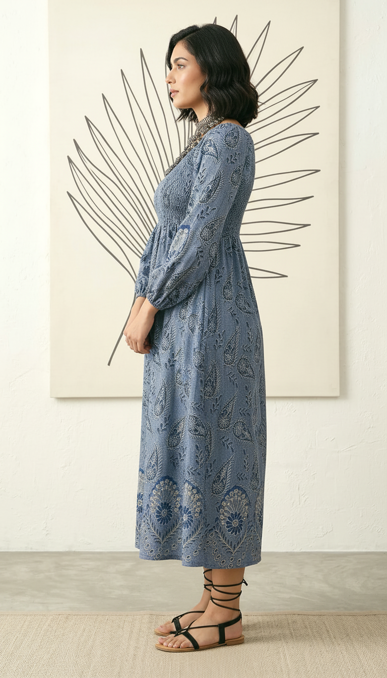 Indigo Blue Paisley Smocked Midi Dress | Daylist.in Women's Fashion
